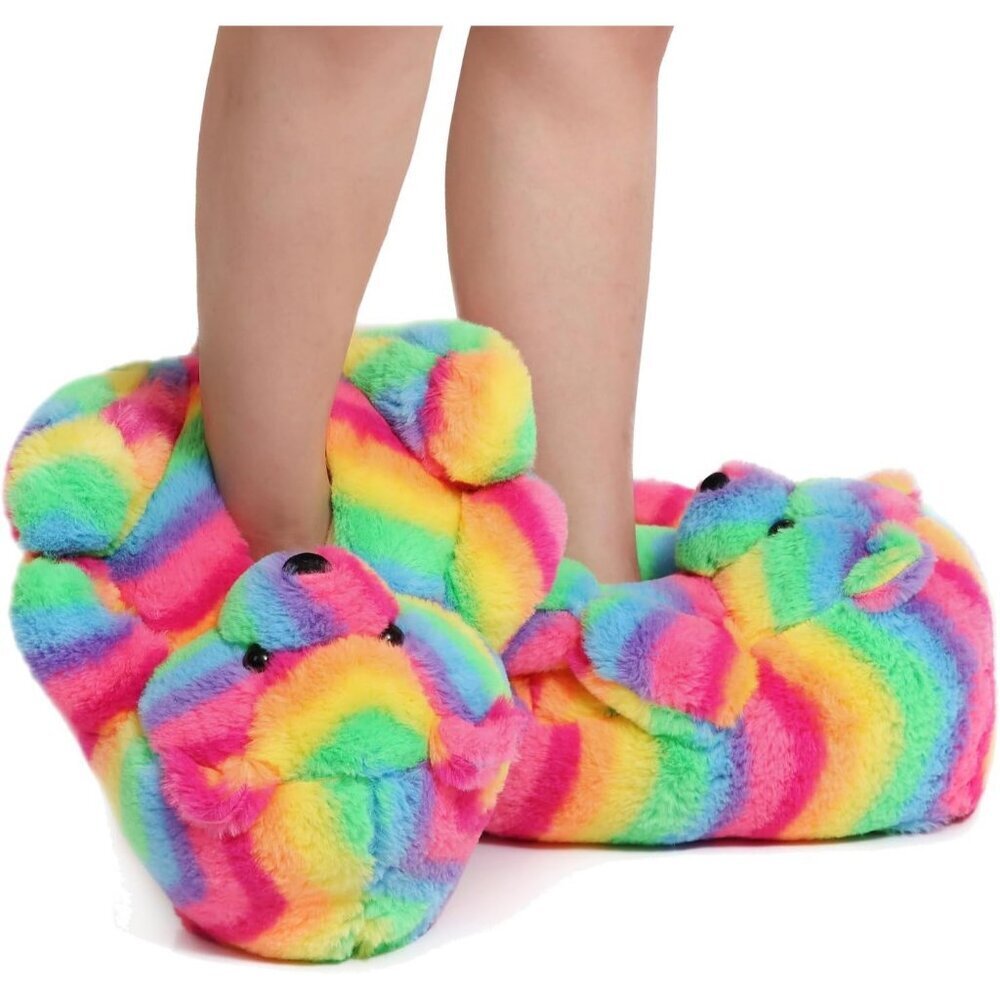 Women's Cute Fuzzy A06-rainbow Teddy Bear Slippers Cozy Cartoon Indoor Shoes - Picture 5 of 9